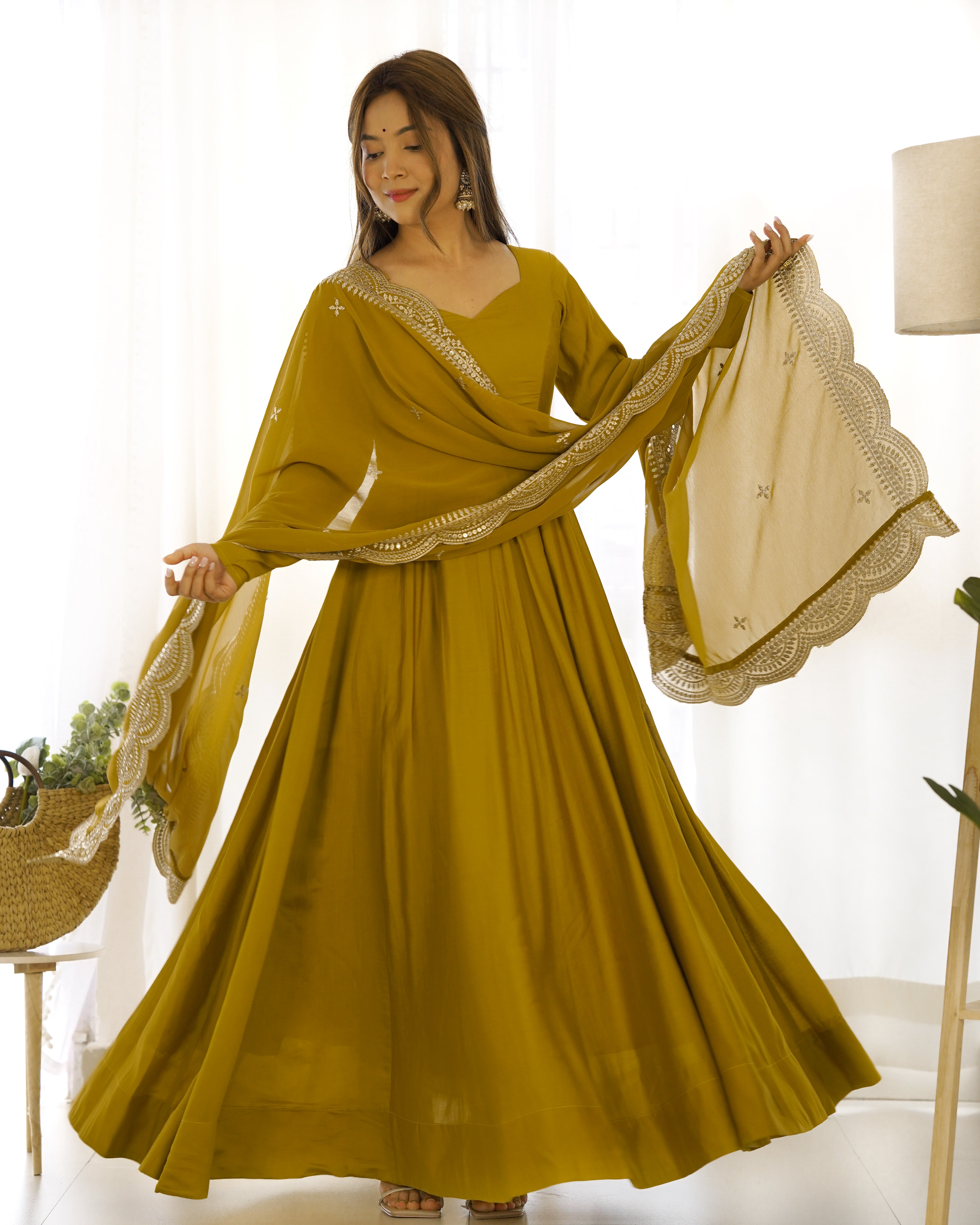 Lorenvalley Fashion Yellow Pure Roman Silk Chanderi Fabric Fully Flared Anarkali Pant With Dupatta Set - Yellow - Distacart