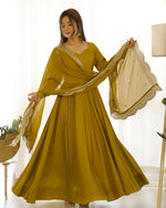 Thumbnail for Lorenvalley Fashion Yellow Pure Roman Silk Chanderi Fabric Fully Flared Anarkali Pant With Dupatta Set - Yellow - Distacart