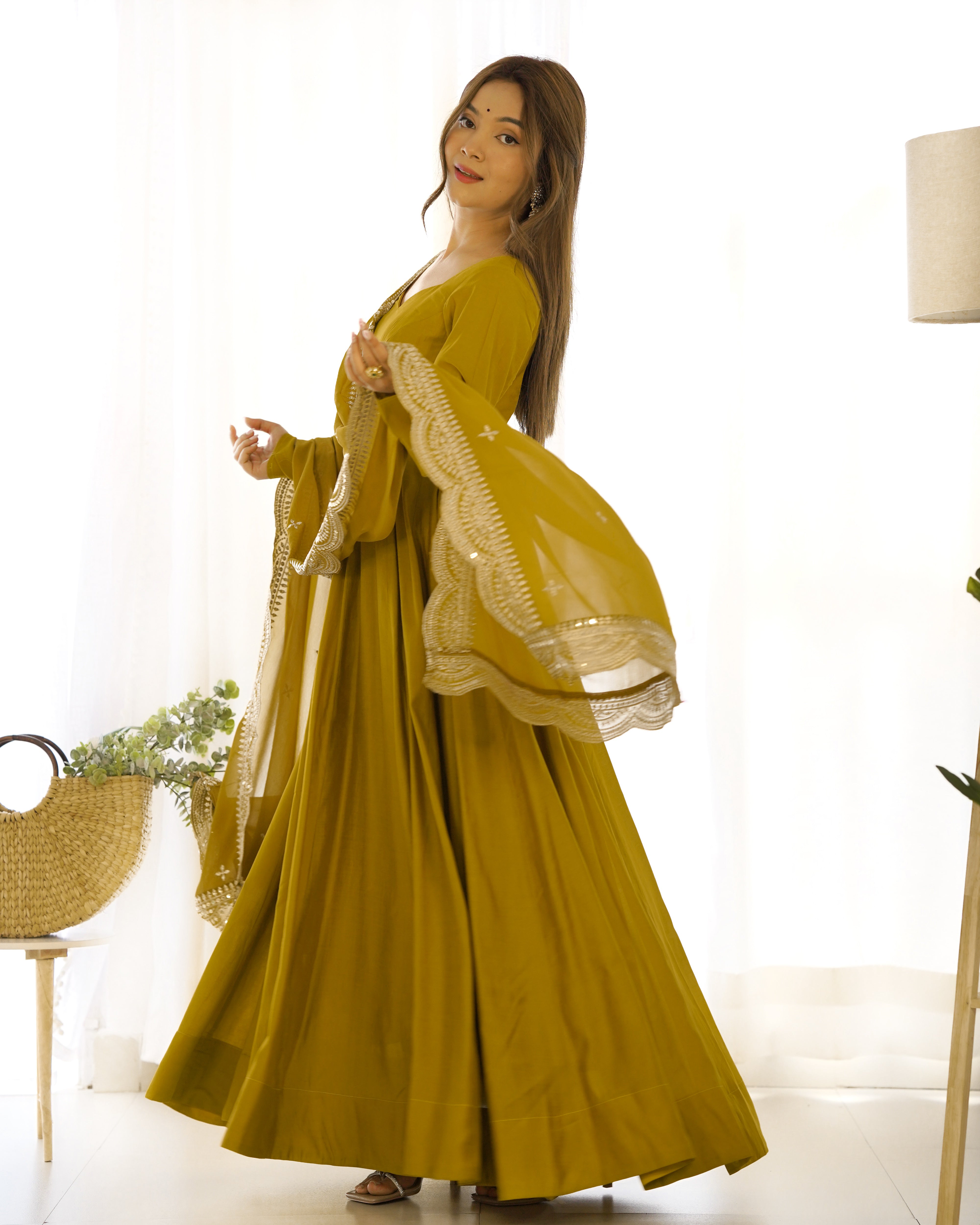 Lorenvalley Fashion Yellow Pure Roman Silk Chanderi Fabric Fully Flared Anarkali Pant With Dupatta Set - Yellow - Distacart