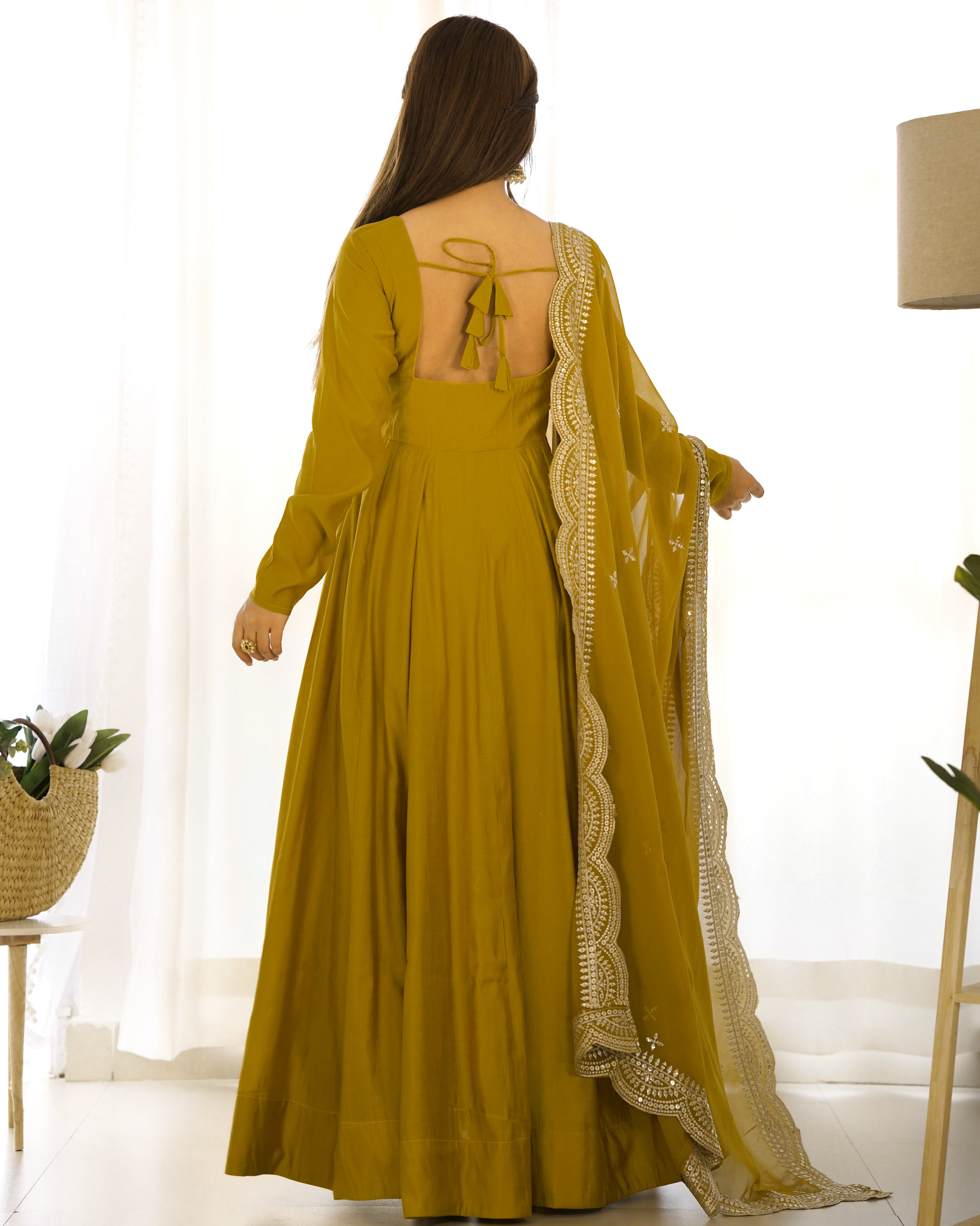 Lorenvalley Fashion Yellow Pure Roman Silk Chanderi Fabric Fully Flared Anarkali Pant With Dupatta Set - Yellow - Distacart