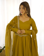 Thumbnail for Lorenvalley Fashion Yellow Pure Roman Silk Chanderi Fabric Fully Flared Anarkali Pant With Dupatta Set - Yellow - Distacart