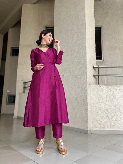 trueBrowns Purple Textured Silk Angrakha Kurta Pant Set - Distacart