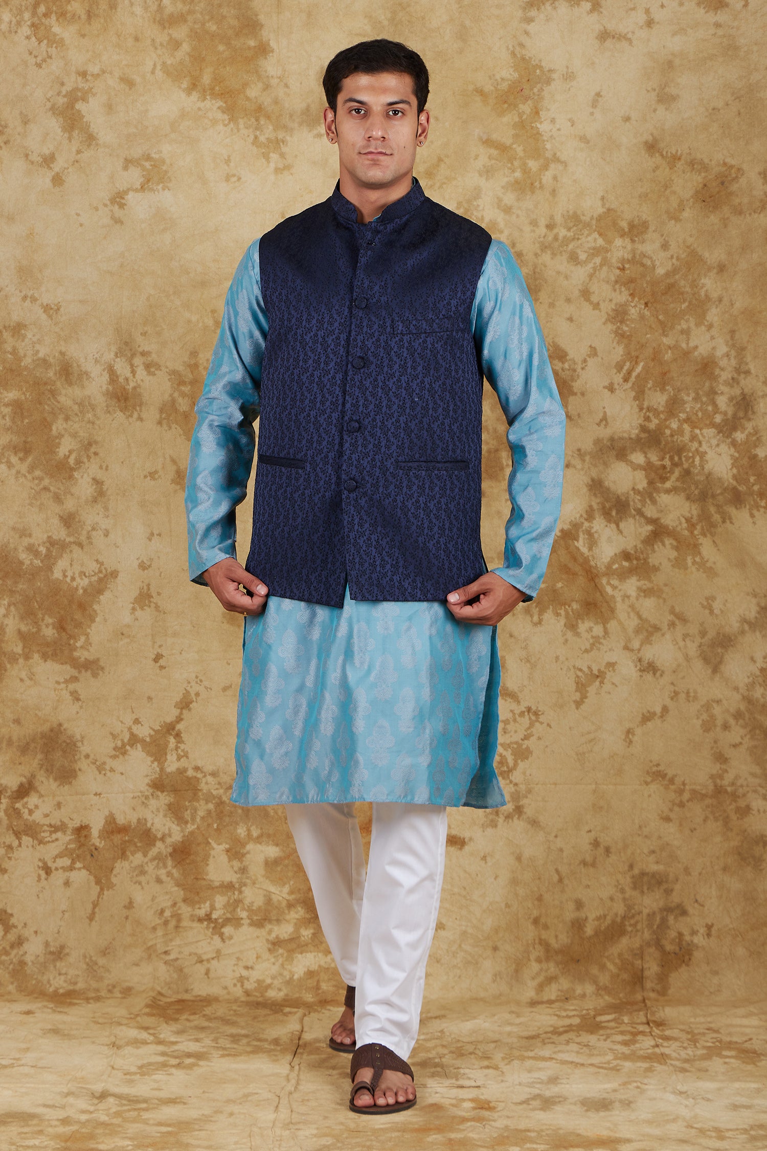 Bluesaanchi Men's Jacquard Blue Waistcoat Kurta Pajama Set - Distacart
