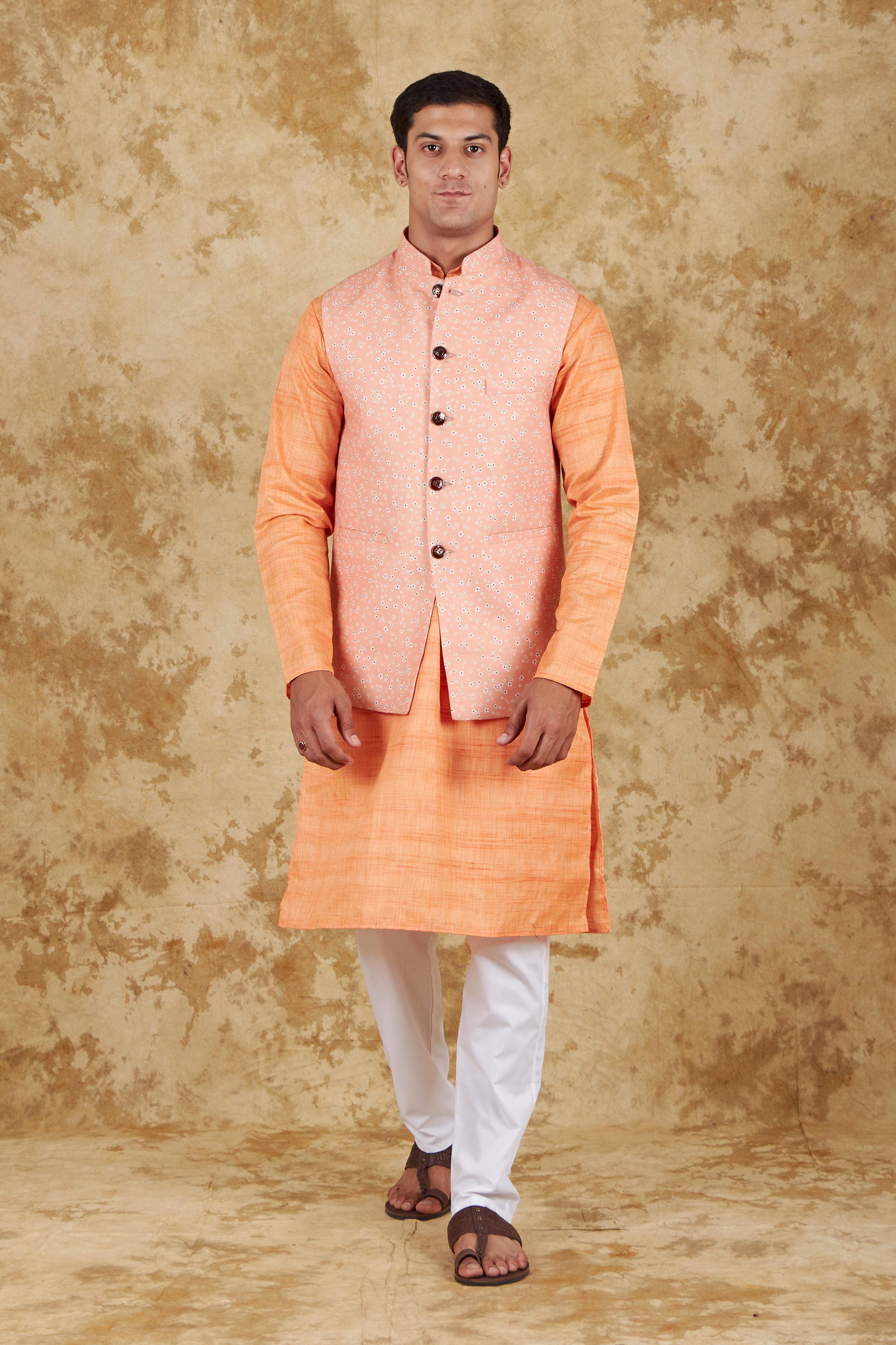 Bluesaanchi Men's Atomic Tangerine Waistcoat Kurta Pajama Set - Distacart