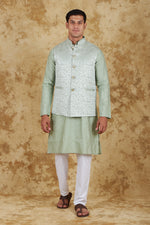 Thumbnail for Bluesaanchi Men's Jacquard Celadon Green Waistcoat Kurta Pajama Set - Distacart