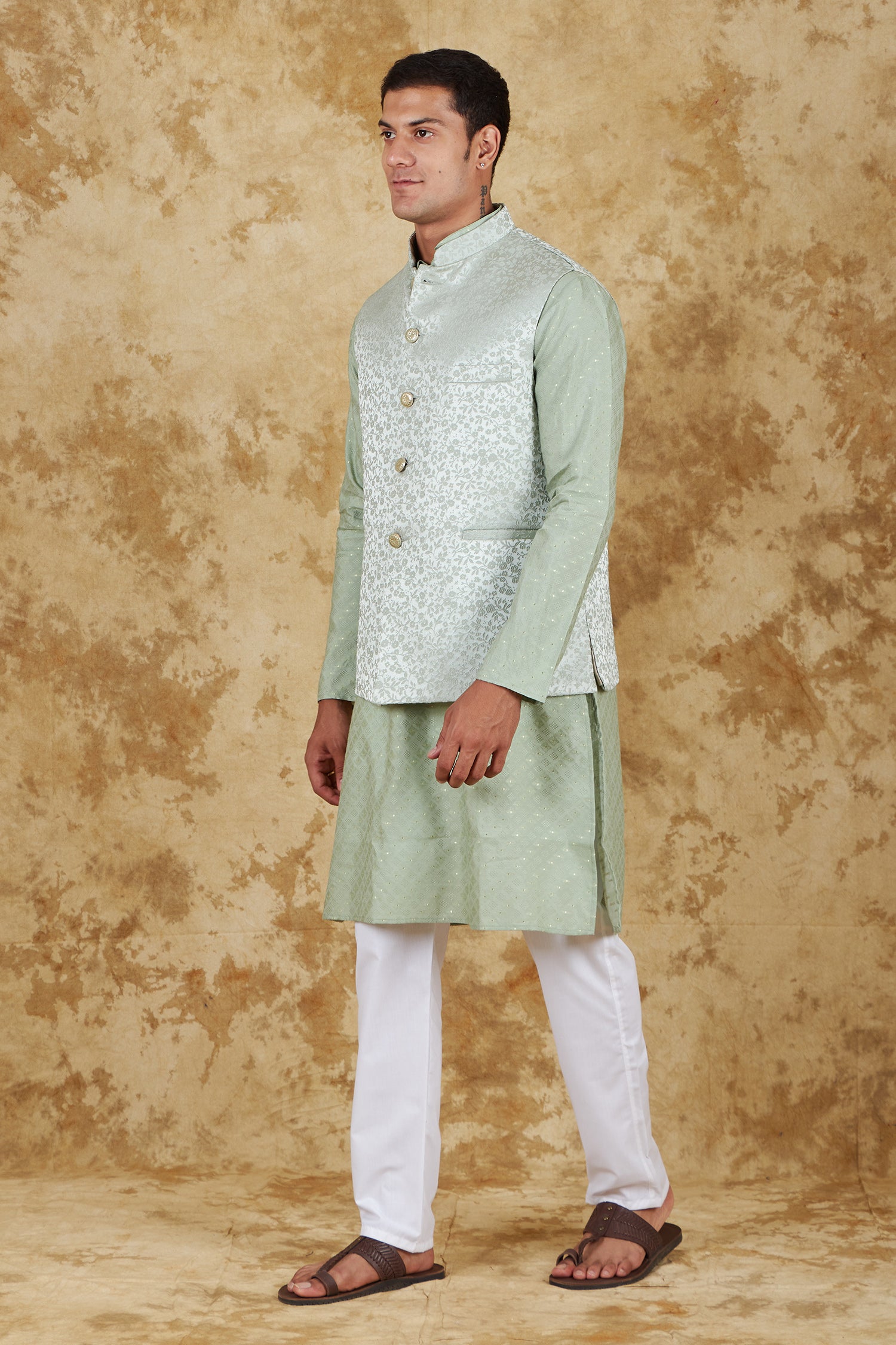 Bluesaanchi Men's Jacquard Celadon Green Waistcoat Kurta Pajama Set - Distacart