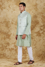 Thumbnail for Bluesaanchi Men's Jacquard Celadon Green Waistcoat Kurta Pajama Set - Distacart