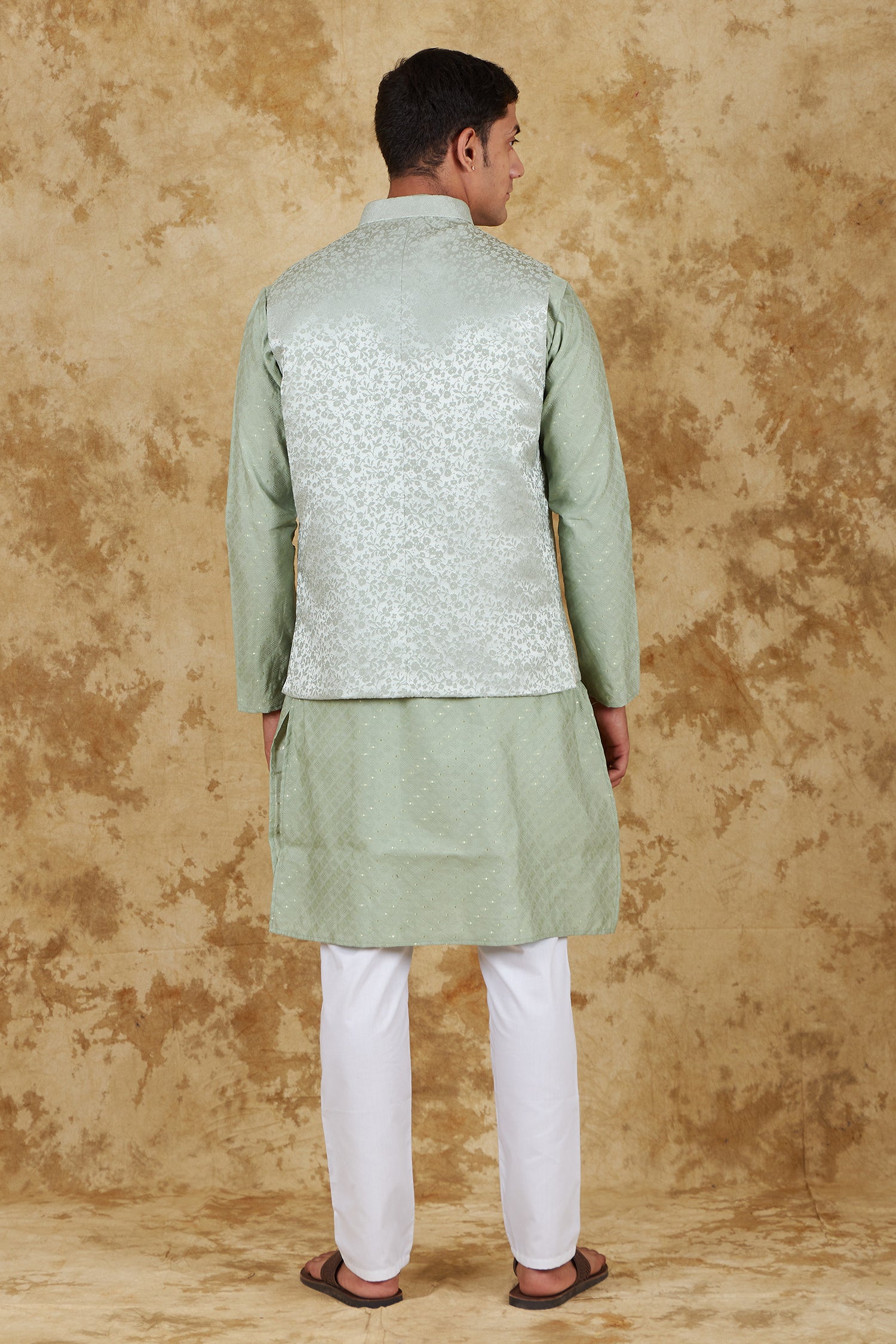 Bluesaanchi Men's Jacquard Celadon Green Waistcoat Kurta Pajama Set - Distacart
