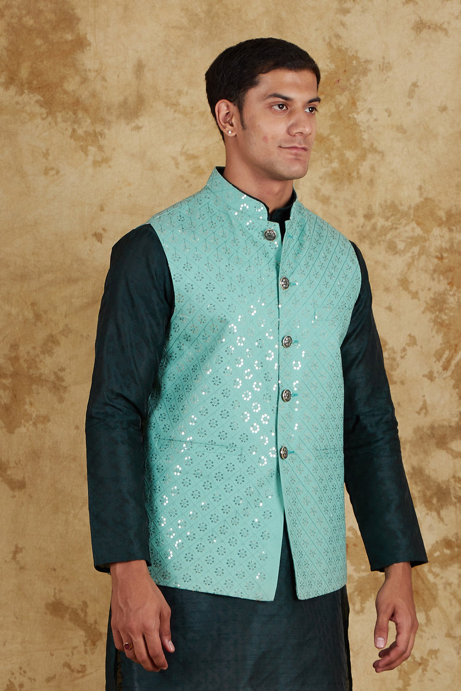 Bluesaanchi Men's Jacquard Mint Green Waistcoat - Distacart