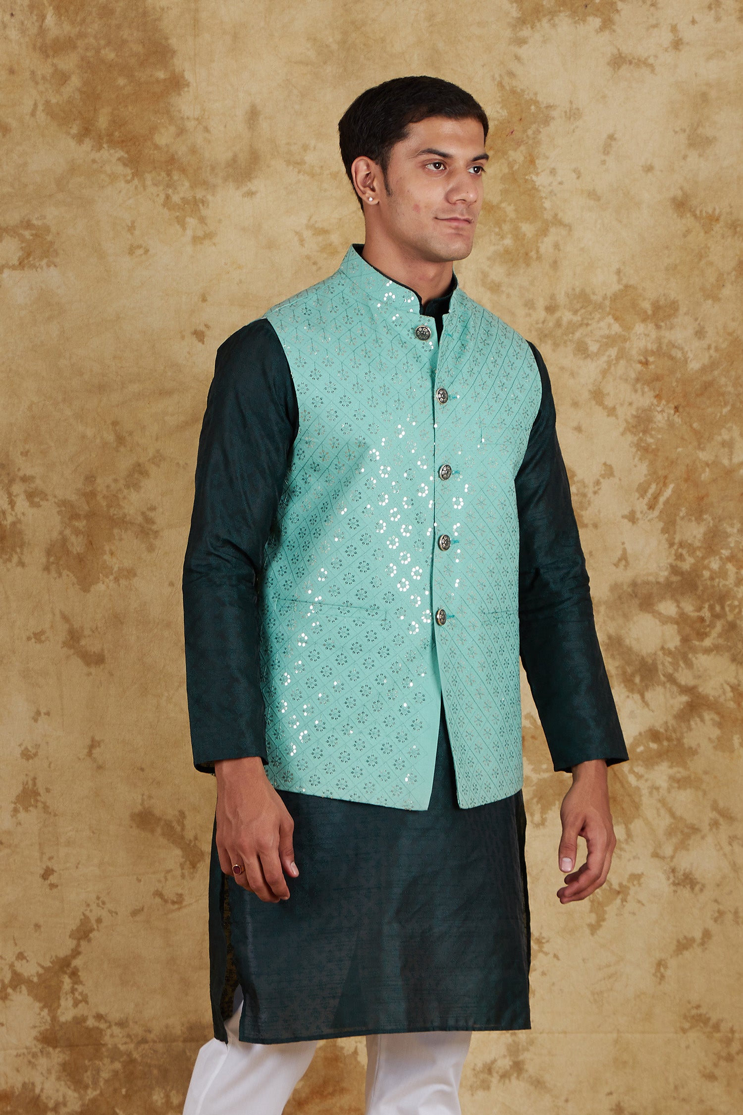 Bluesaanchi Men's Jacquard Mint Green Waistcoat Kurta Pajama Set - Distacart