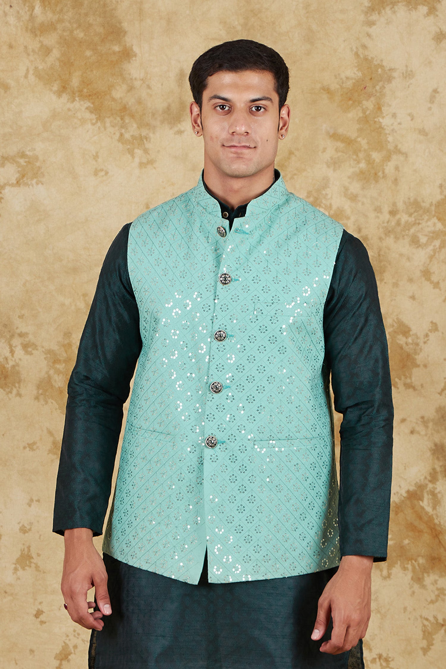 Bluesaanchi Men's Jacquard Mint Green Waistcoat - Distacart
