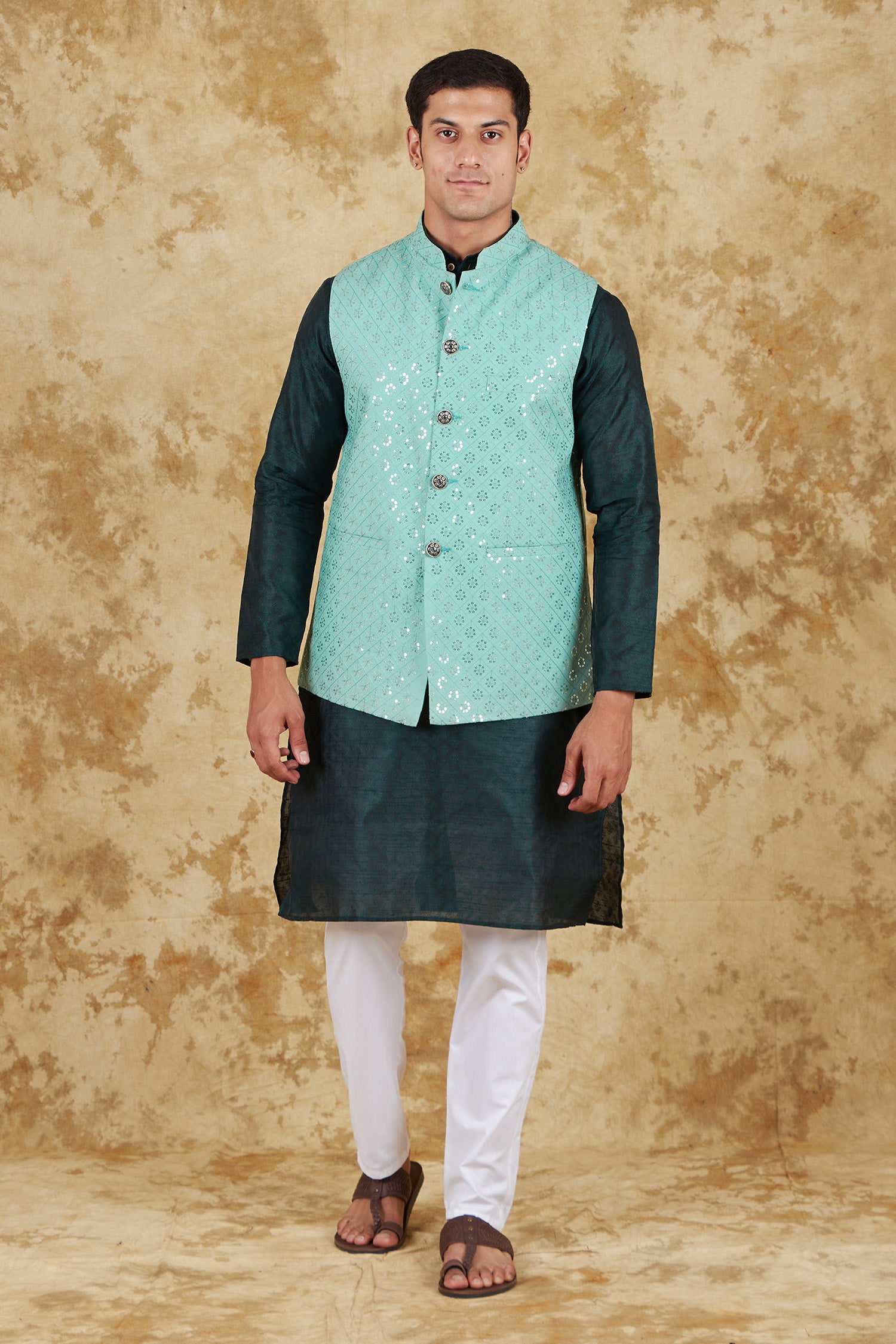 Bluesaanchi Men's Jacquard Mint Green Waistcoat Kurta Pajama Set - Distacart