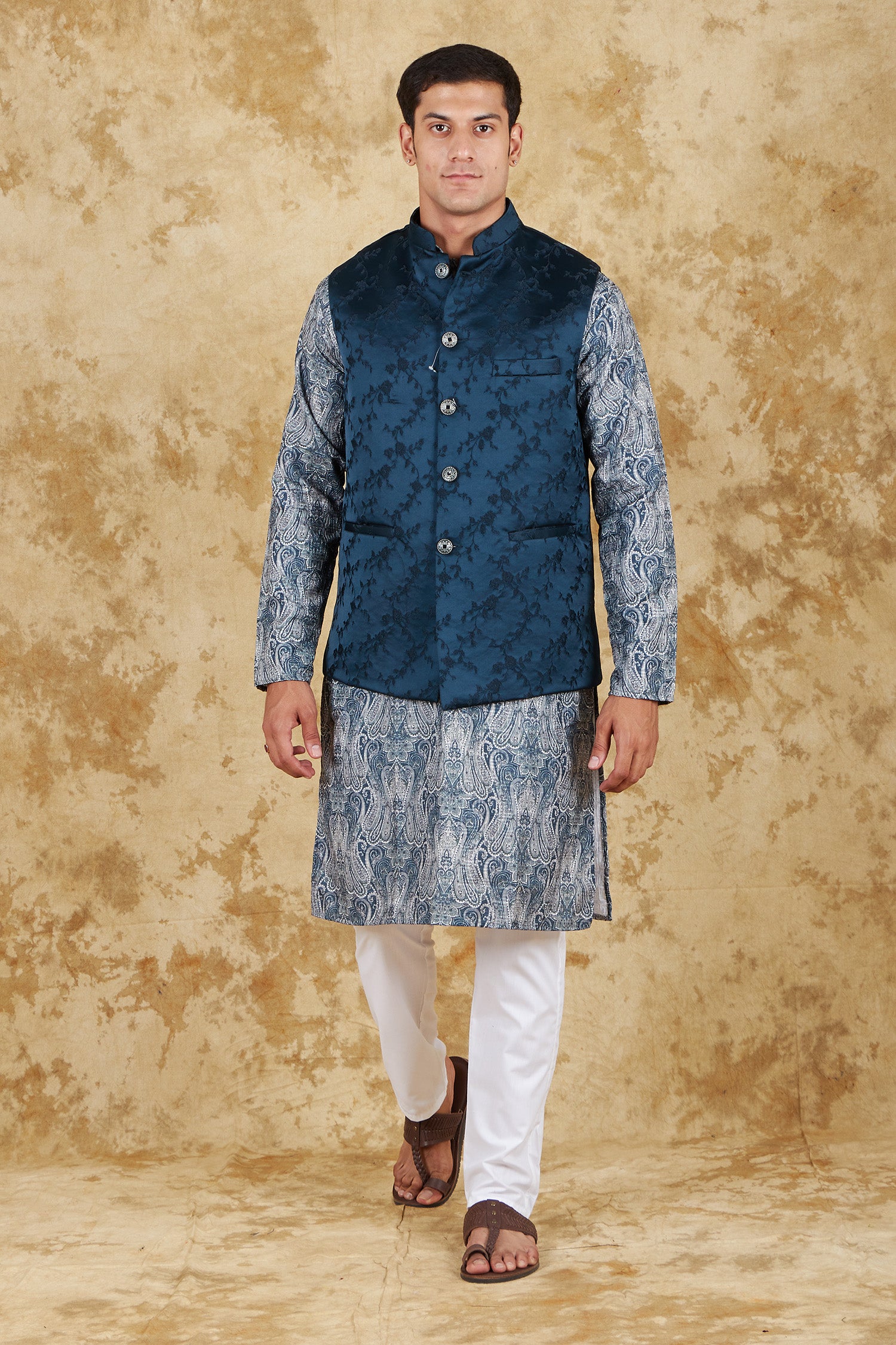 Bluesaanchi Men's Jacquard Indigo Dye Waistcoat Kurta Pajama Set - Distacart