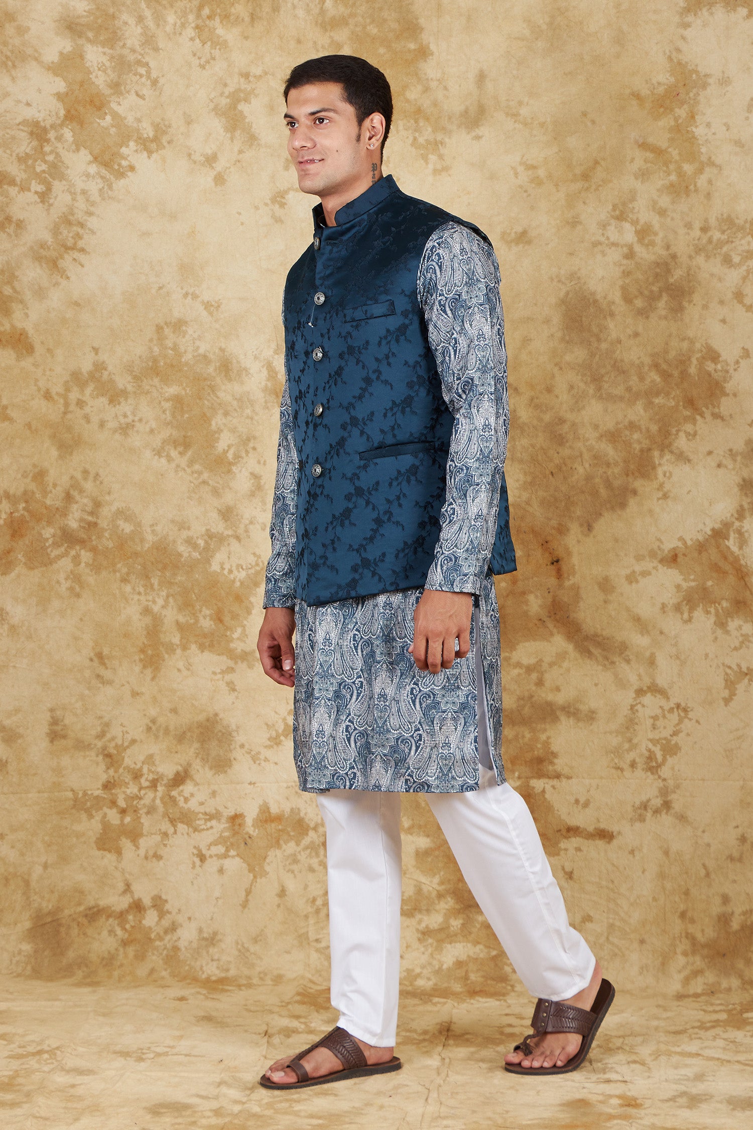 Bluesaanchi Men's Jacquard Indigo Dye Waistcoat Kurta Pajama Set - Distacart