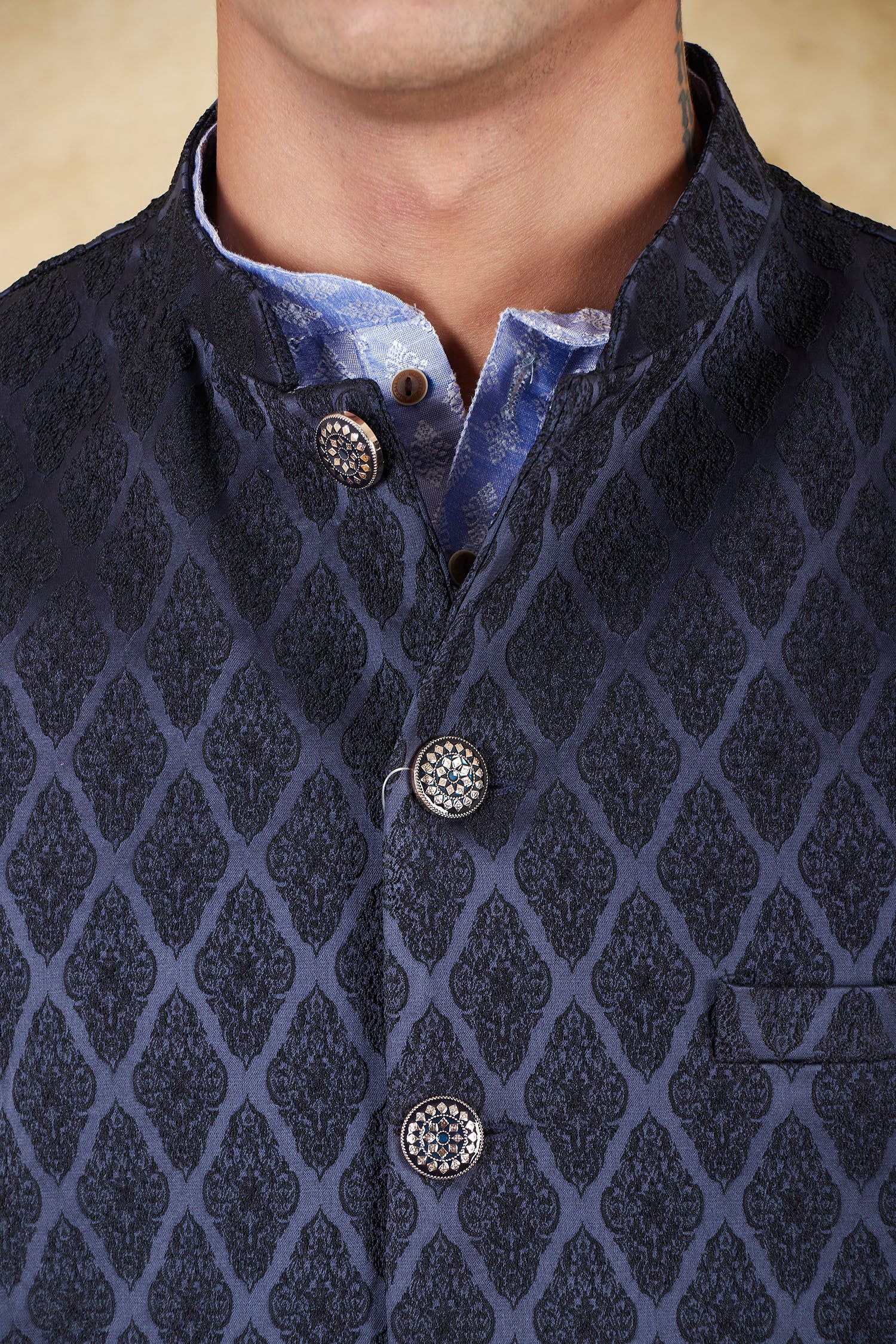 Bluesaanchi Men's Jacquard Prussian Blue Waistcoat Kurta Pajama Set - Distacart