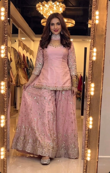 Yash Enterprise Peach Fandy Silk Party Wear Embroidery Sharara Suit Set - Distacart