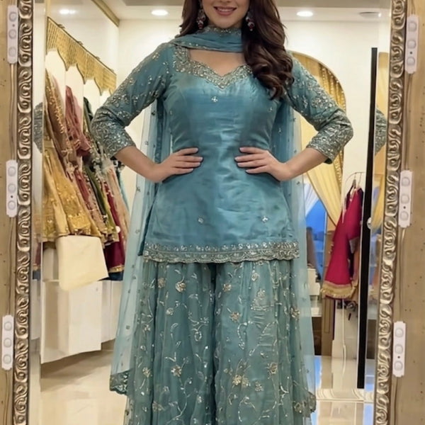 Yash Enterprise Sky Fandy Silk Party Wear Embroidery Sharara Suit Set - Distacart