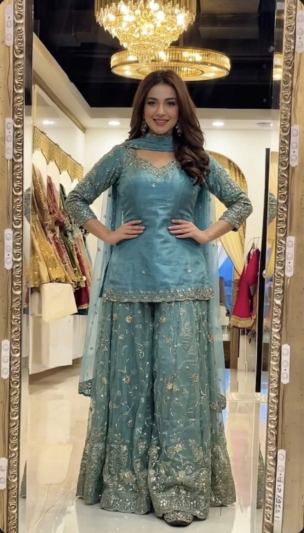 Yash Enterprise Sky Fandy Silk Party Wear Embroidery Sharara Suit Set