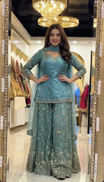 Thumbnail for Yash Enterprise Sky Fandy Silk Party Wear Embroidery Sharara Suit Set - Distacart