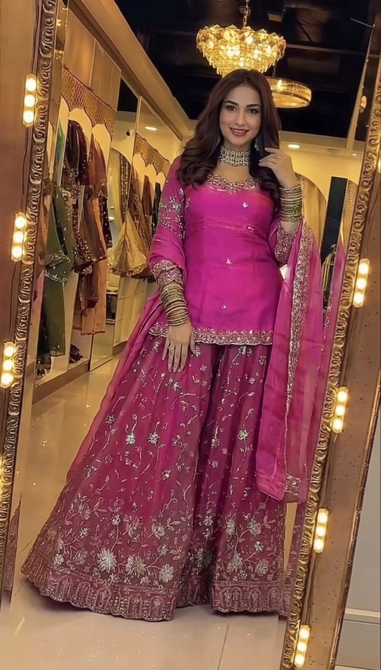 Yash Enterprise Rani Pink Fandy Silk Party Wear Embroidery Sharara Suit Set - Distacart