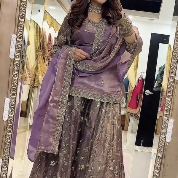 Yash Enterprise Light Purple Fandy Silk Party Wear Embroidery Sharara Suit Set - Distacart
