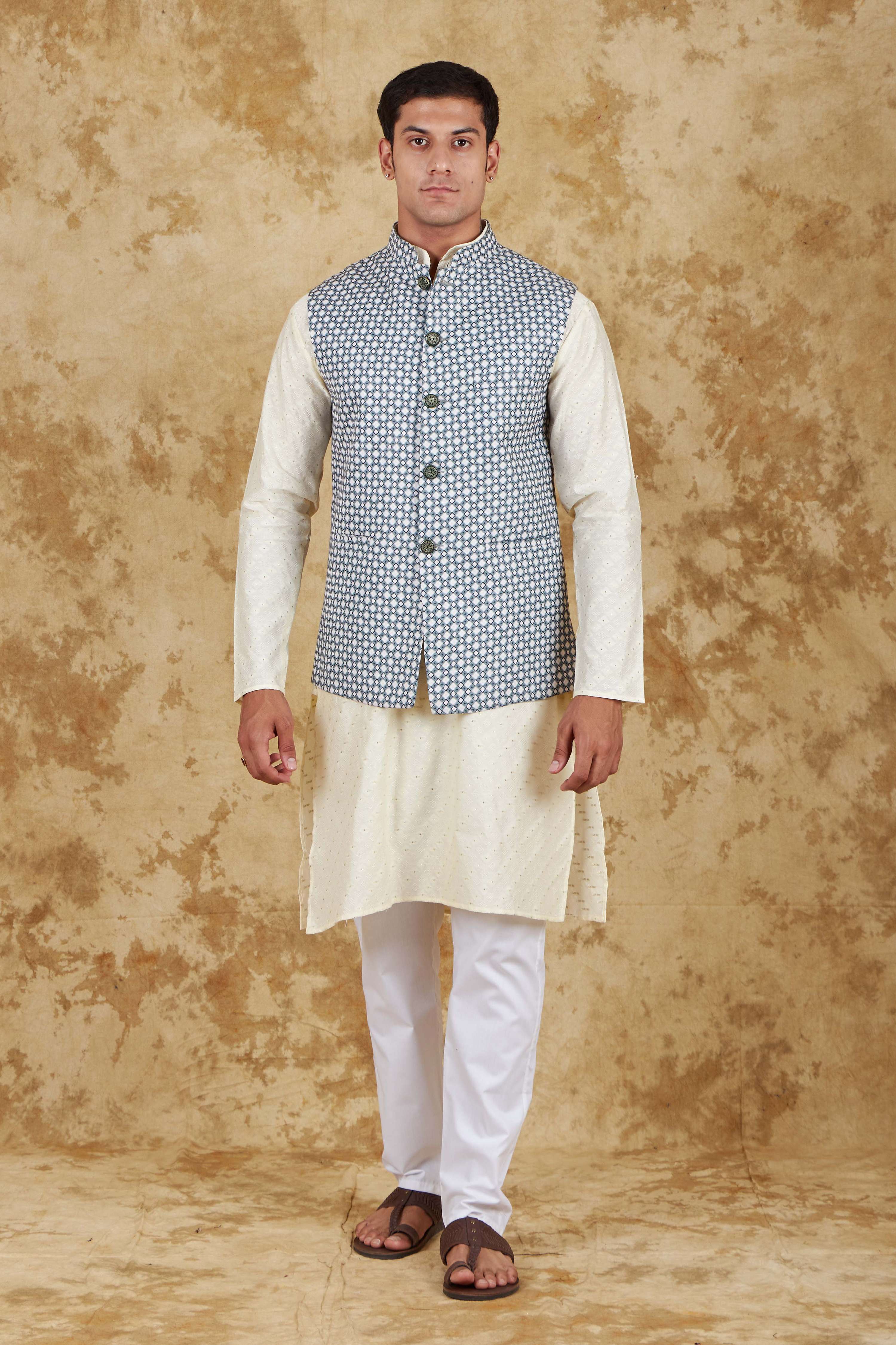 Bluesaanchi Men's Cream Waistcoat Kurta Pajama Set - Distacart