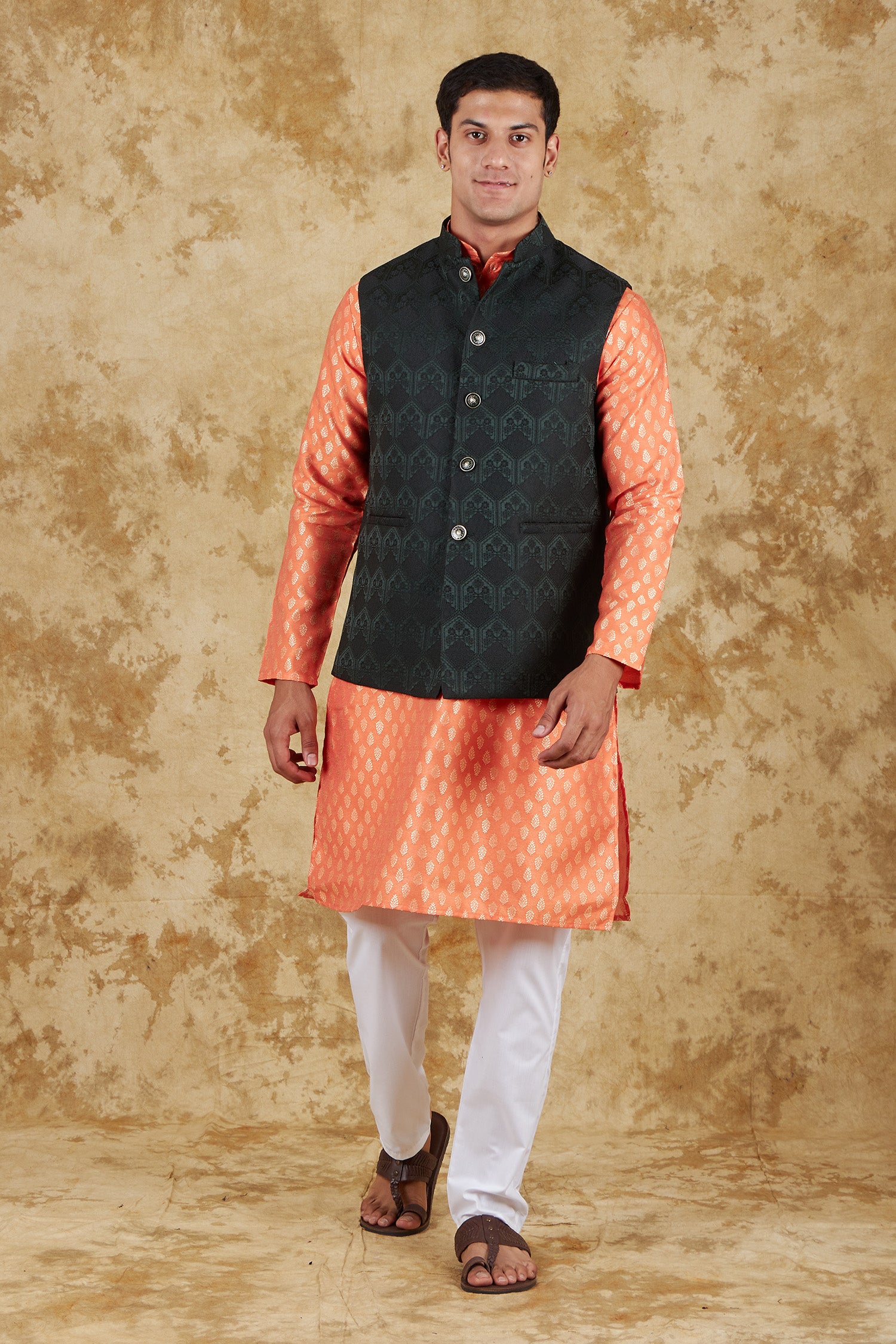 Bluesaanchi Men's Jacquard Orange Waistcoat Kurta Pajama Set - Distacart