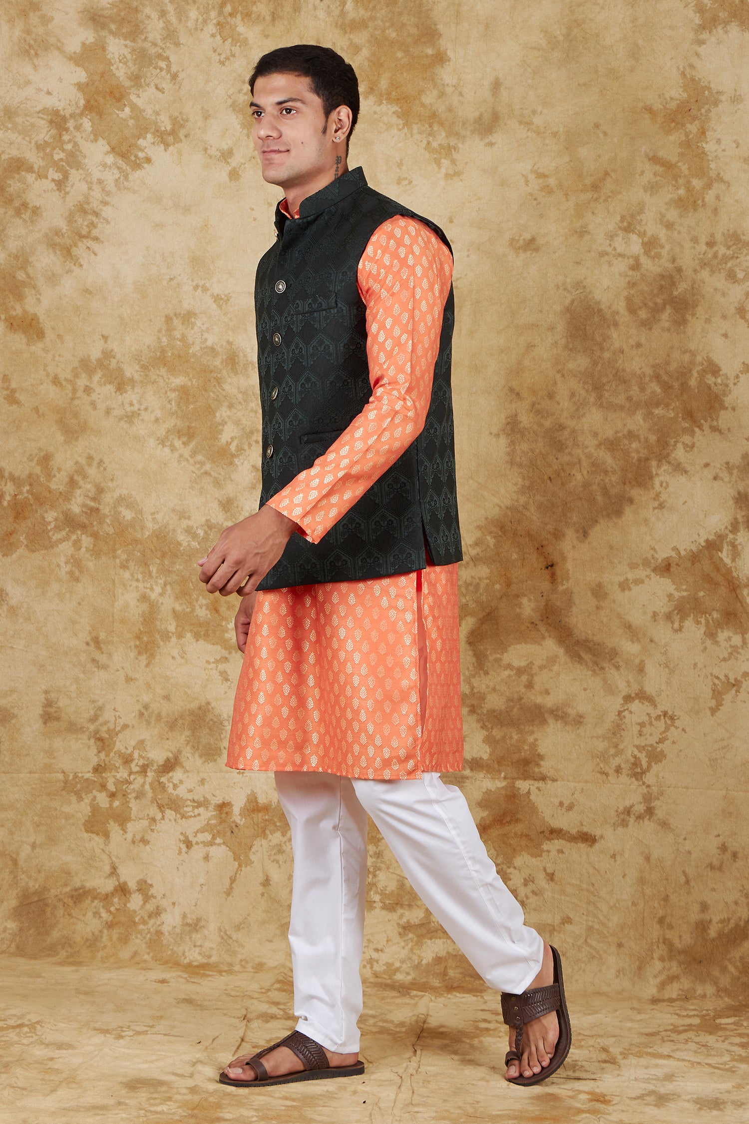 Bluesaanchi Men's Jacquard Orange Waistcoat Kurta Pajama Set - Distacart