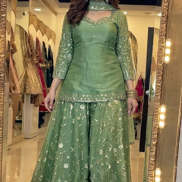 Yash Enterprise Green Fandy Silk Party Wear Embroidery Sharara Suit Set - Distacart