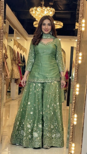 Yash Enterprise Green Fandy Silk Party Wear Embroidery Sharara Suit Set - Distacart