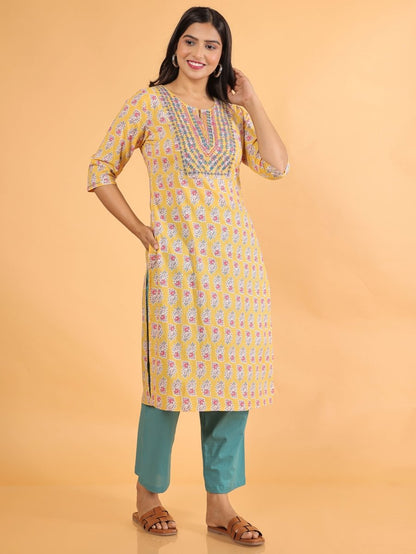 Aramya Straight Soft Cotton Block Print Women's Kurta - Yellow - Distacart