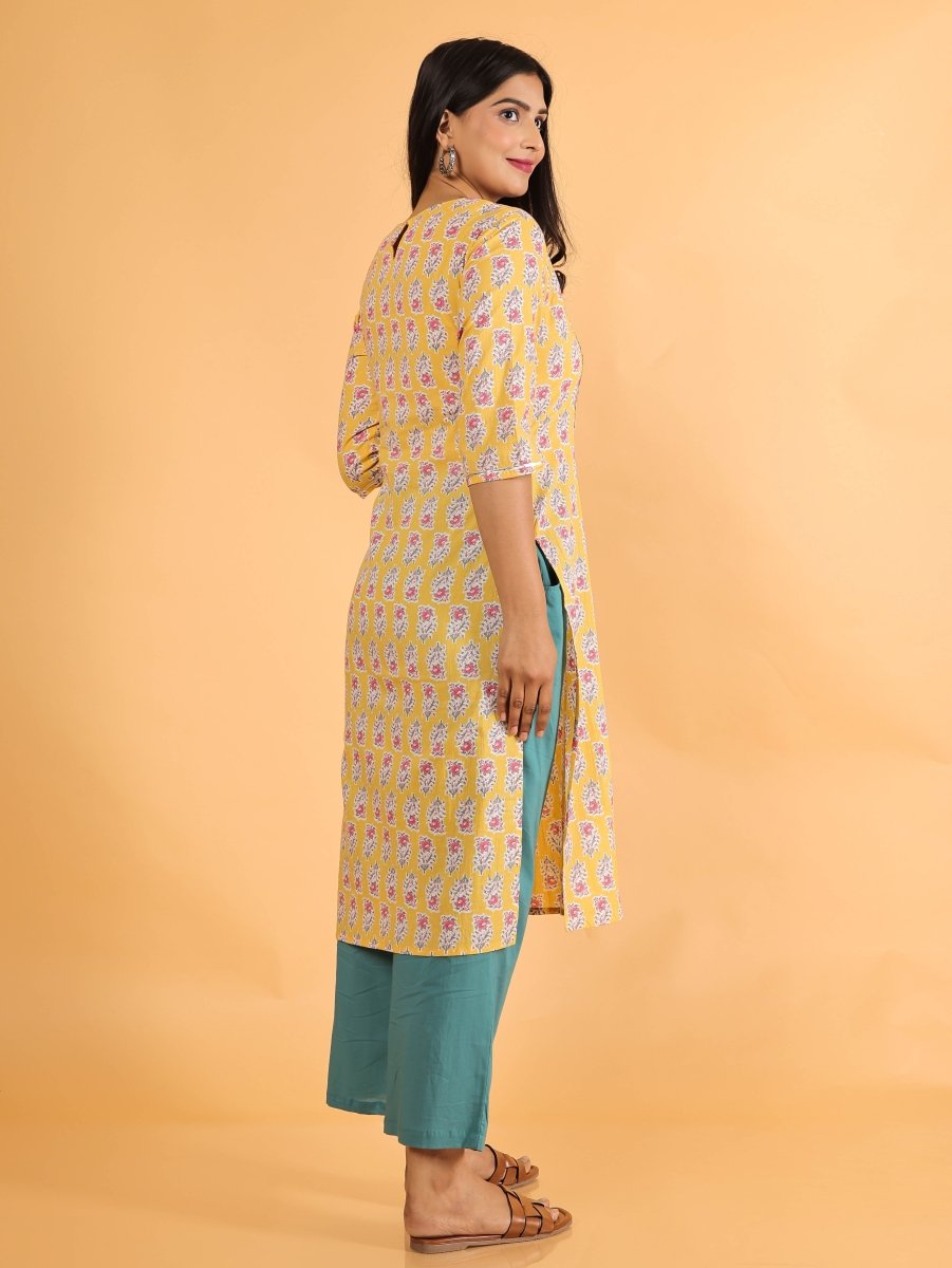 Aramya Straight Soft Cotton Block Print Women's Kurta - Yellow - Distacart