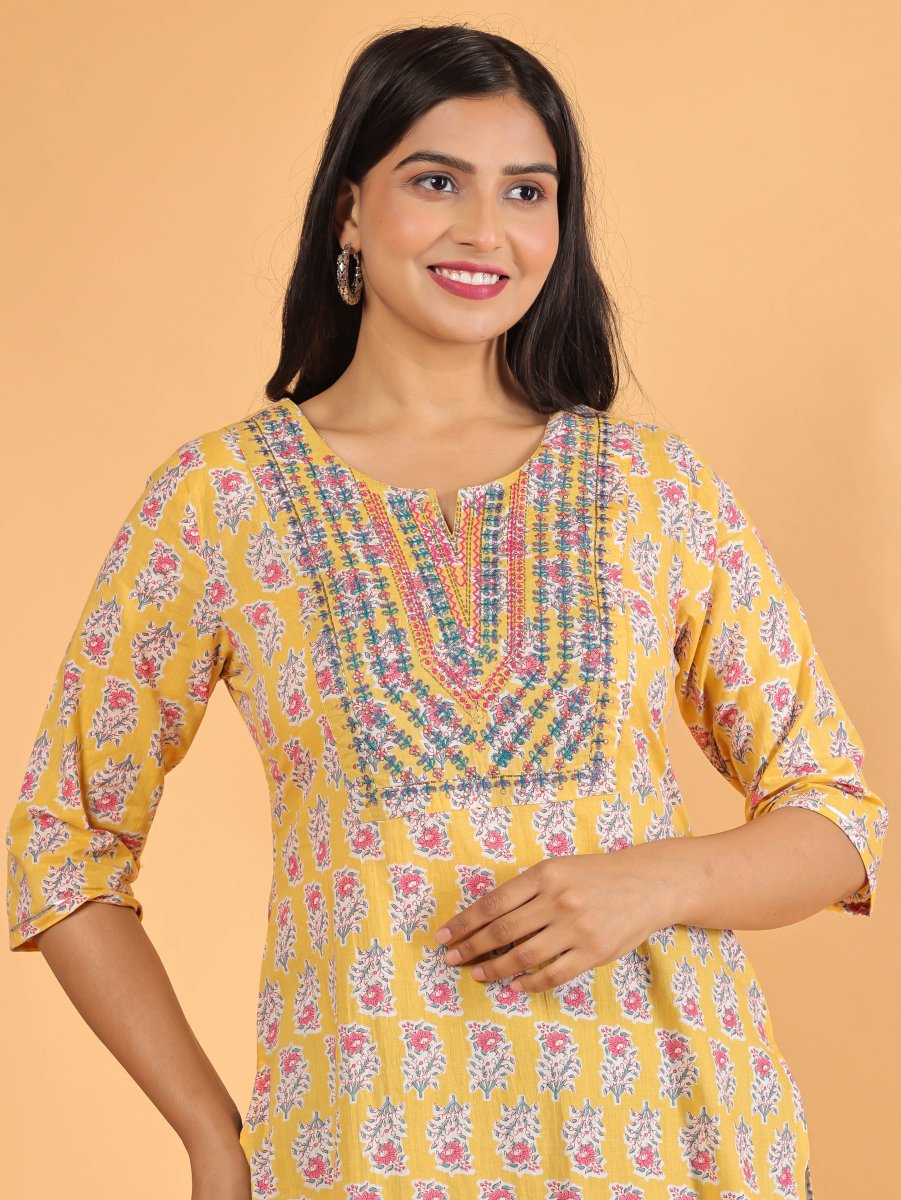 Aramya Straight Soft Cotton Block Print Women's Kurta - Yellow - Distacart