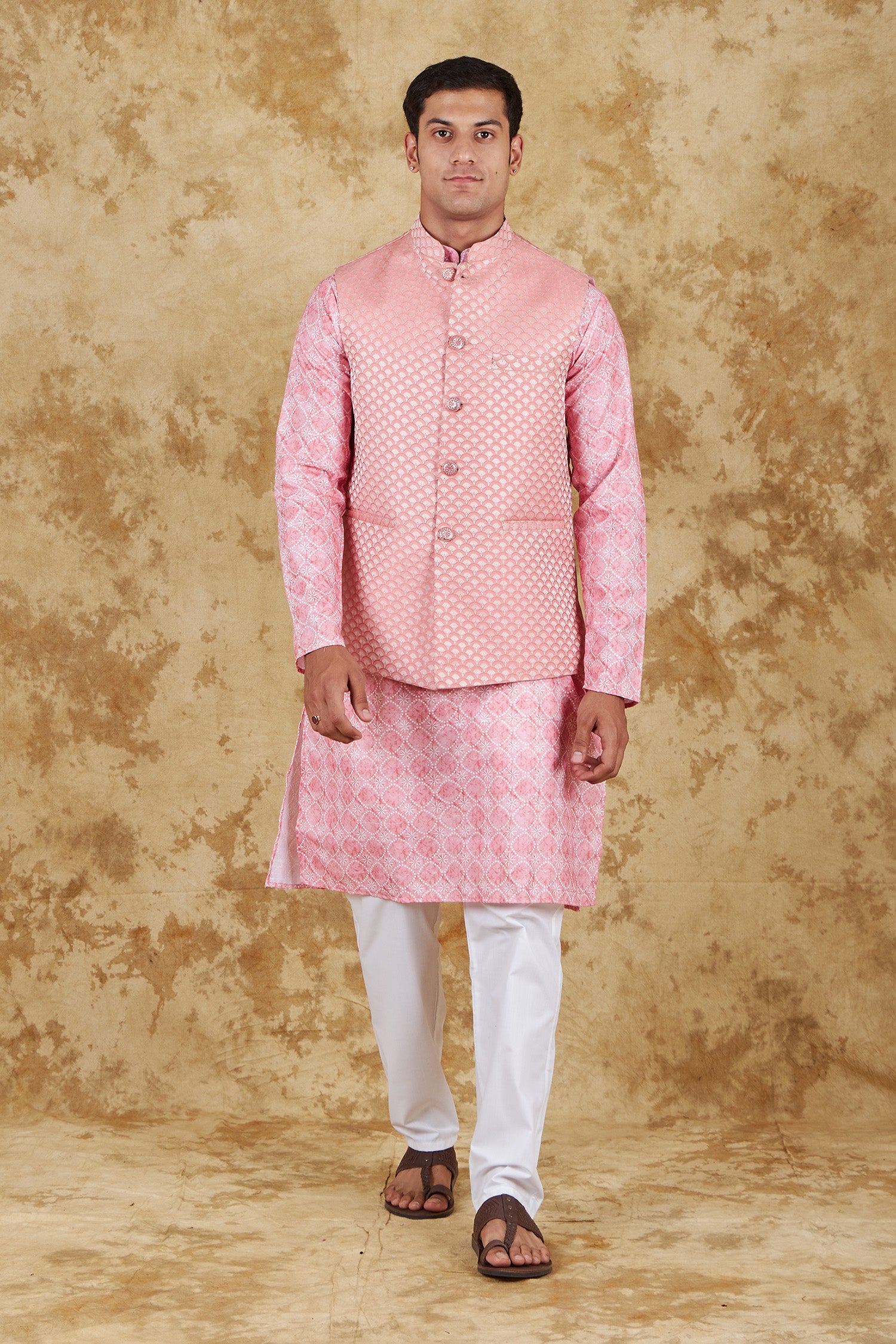 Bluesaanchi Men's Jacquard Pink Waistcoat Kurta Pajama Set - Distacart