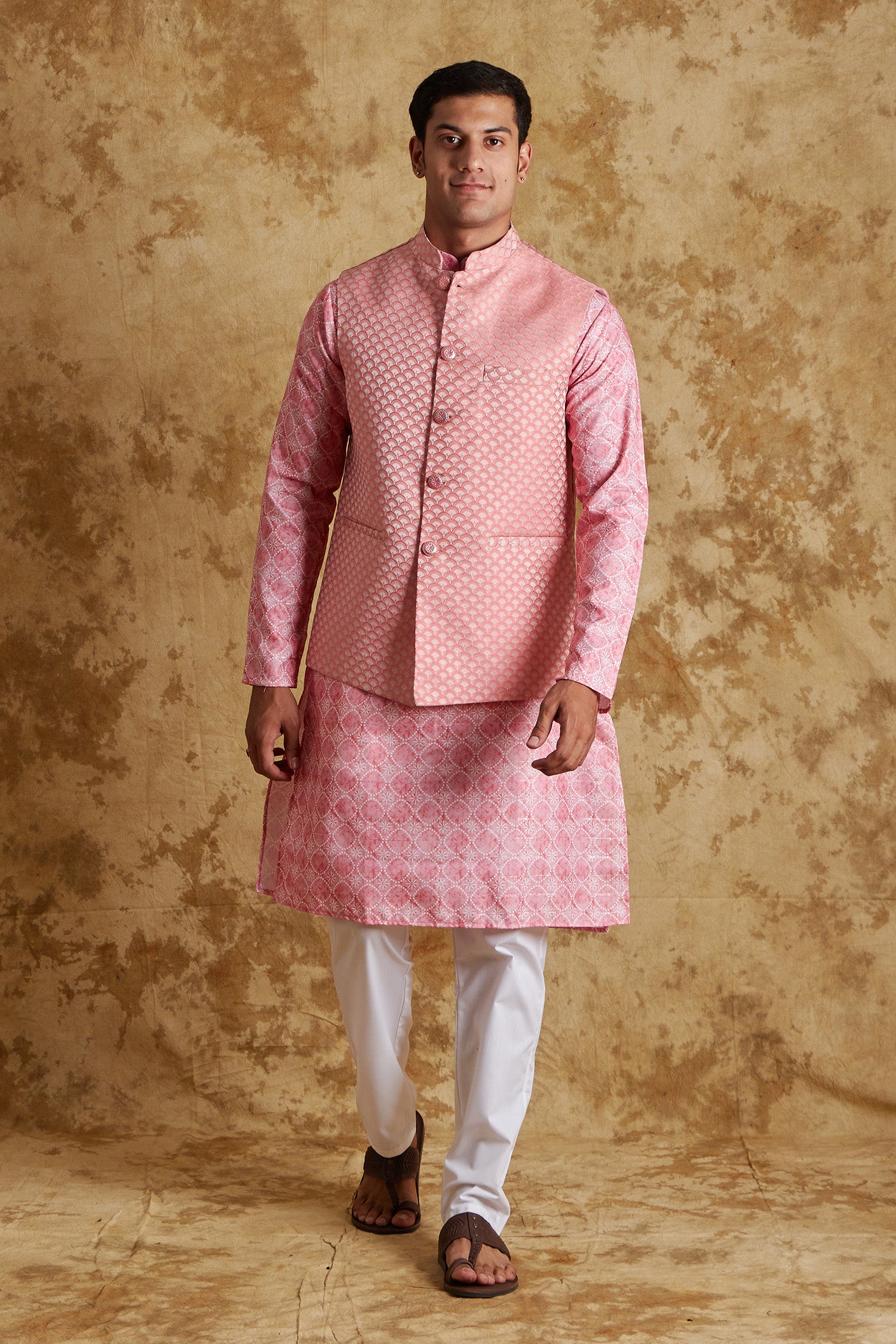 Bluesaanchi Men's Jacquard Pink Waistcoat Kurta Pajama Set - Distacart