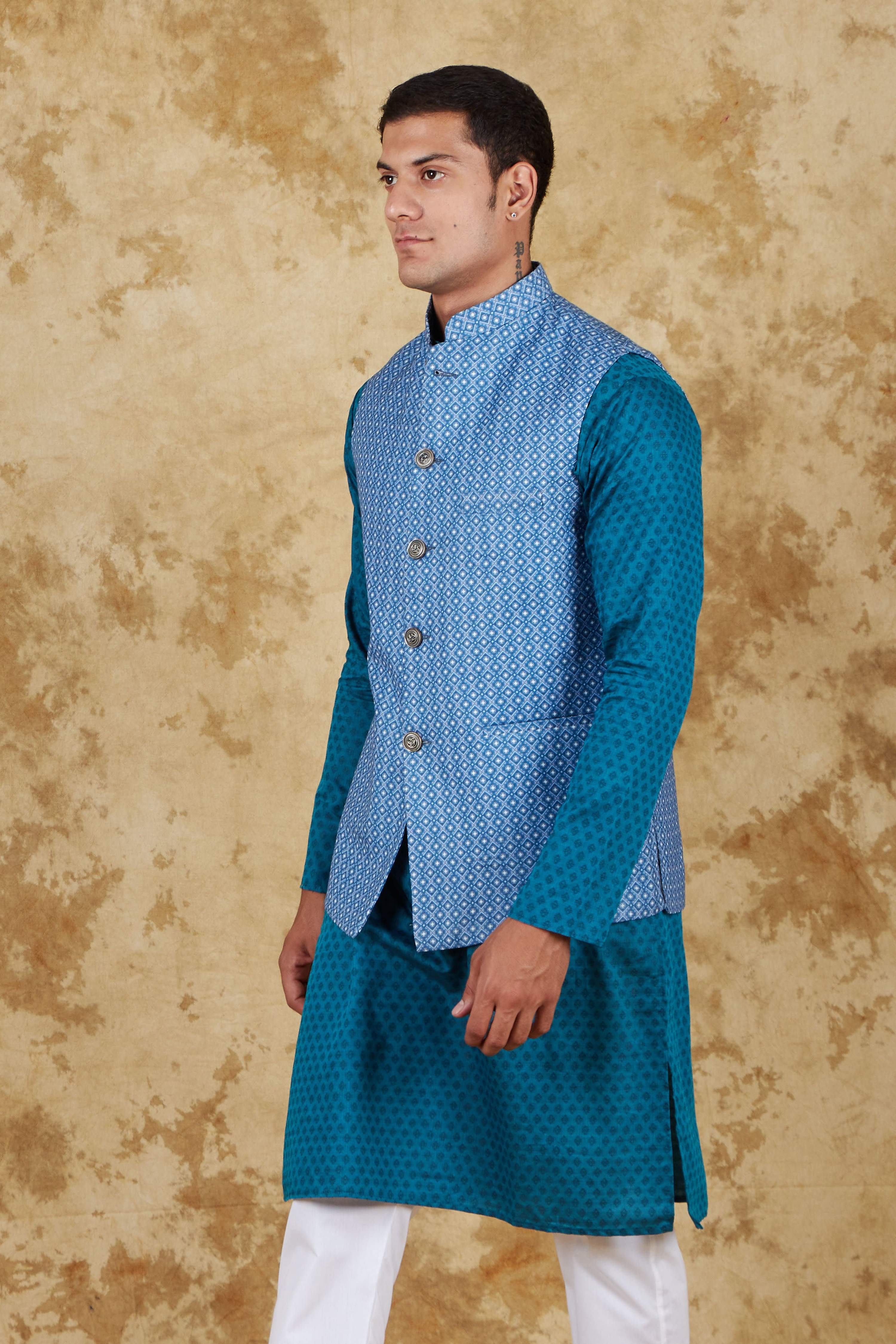 Bluesaanchi Men's Blue Waistcoat Kurta Pajama Set - Distacart