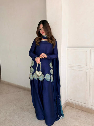 Yash Enterprise Navy Blue Crepe Silk Party Wear Embroidery Sharara Suit Set - Distacart