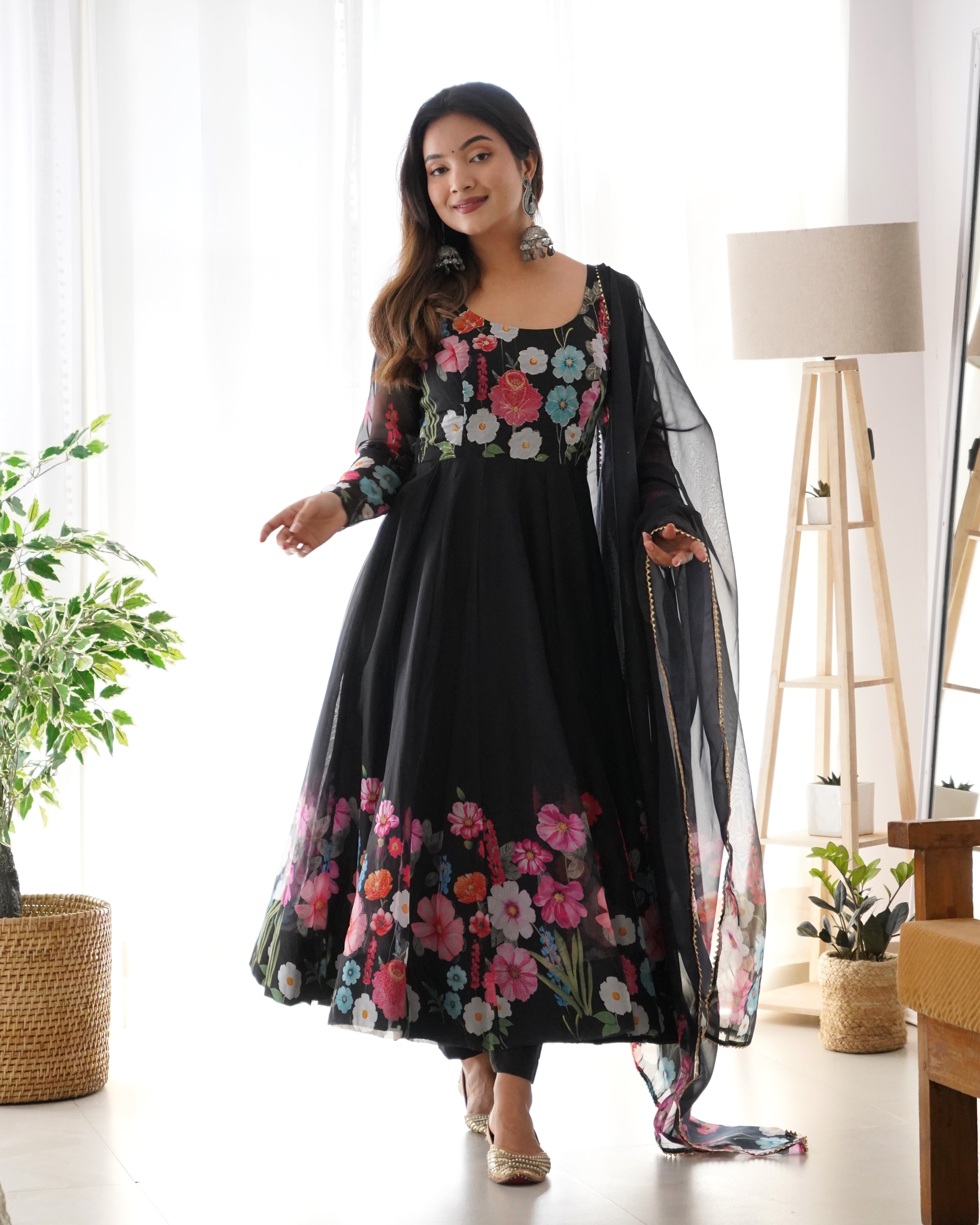 Lorenvalley Fashion Black Soft Organza Silk With Floral Print Fully Flared Anarkali Pant With Dupatta Set - Black - Distacart