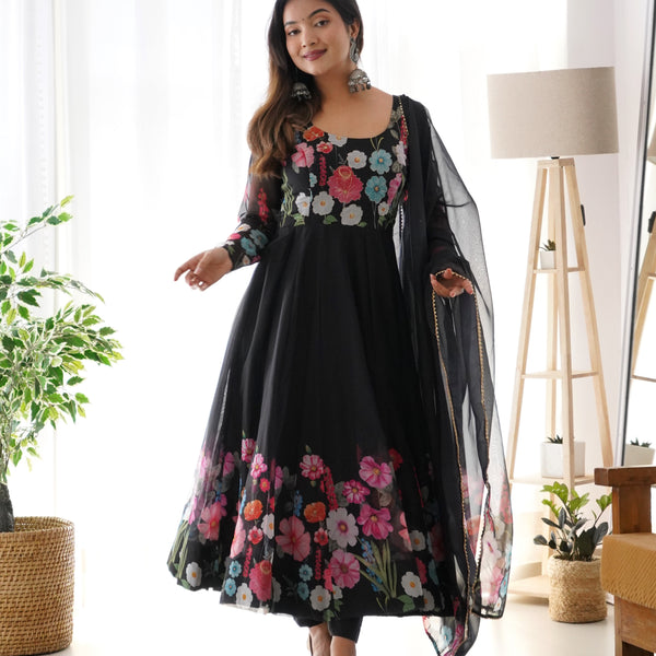 Lorenvalley Fashion Black Soft Organza Silk With Floral Print Fully Flared Anarkali Pant With Dupatta Set - Black - Distacart