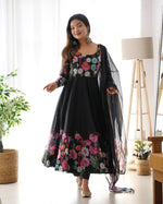 Thumbnail for Lorenvalley Fashion Black Soft Organza Silk With Floral Print Fully Flared Anarkali Pant With Dupatta Set - Black - Distacart