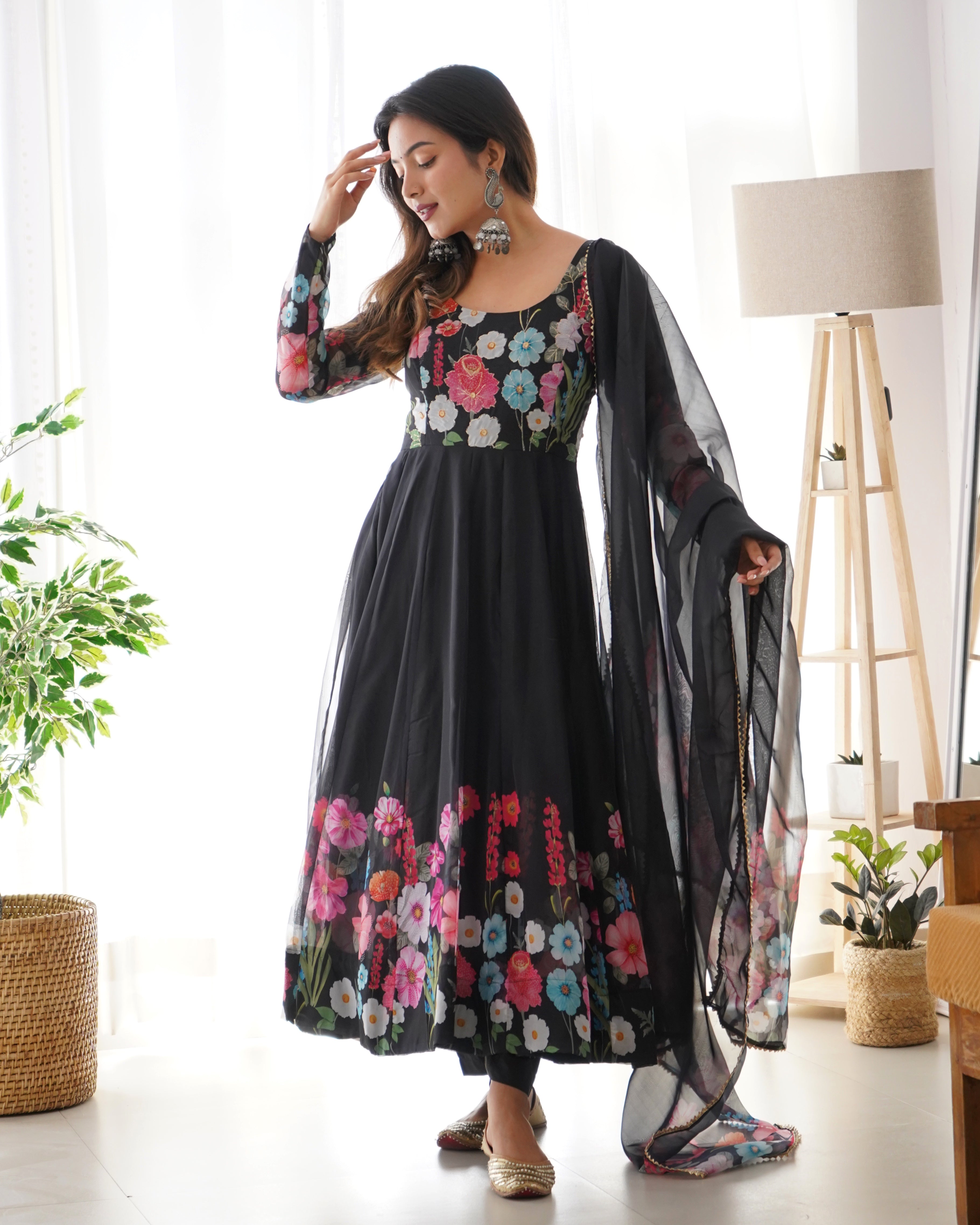 Lorenvalley Fashion Black Soft Organza Silk With Floral Print Fully Flared Anarkali Pant With Dupatta Set - Black - Distacart