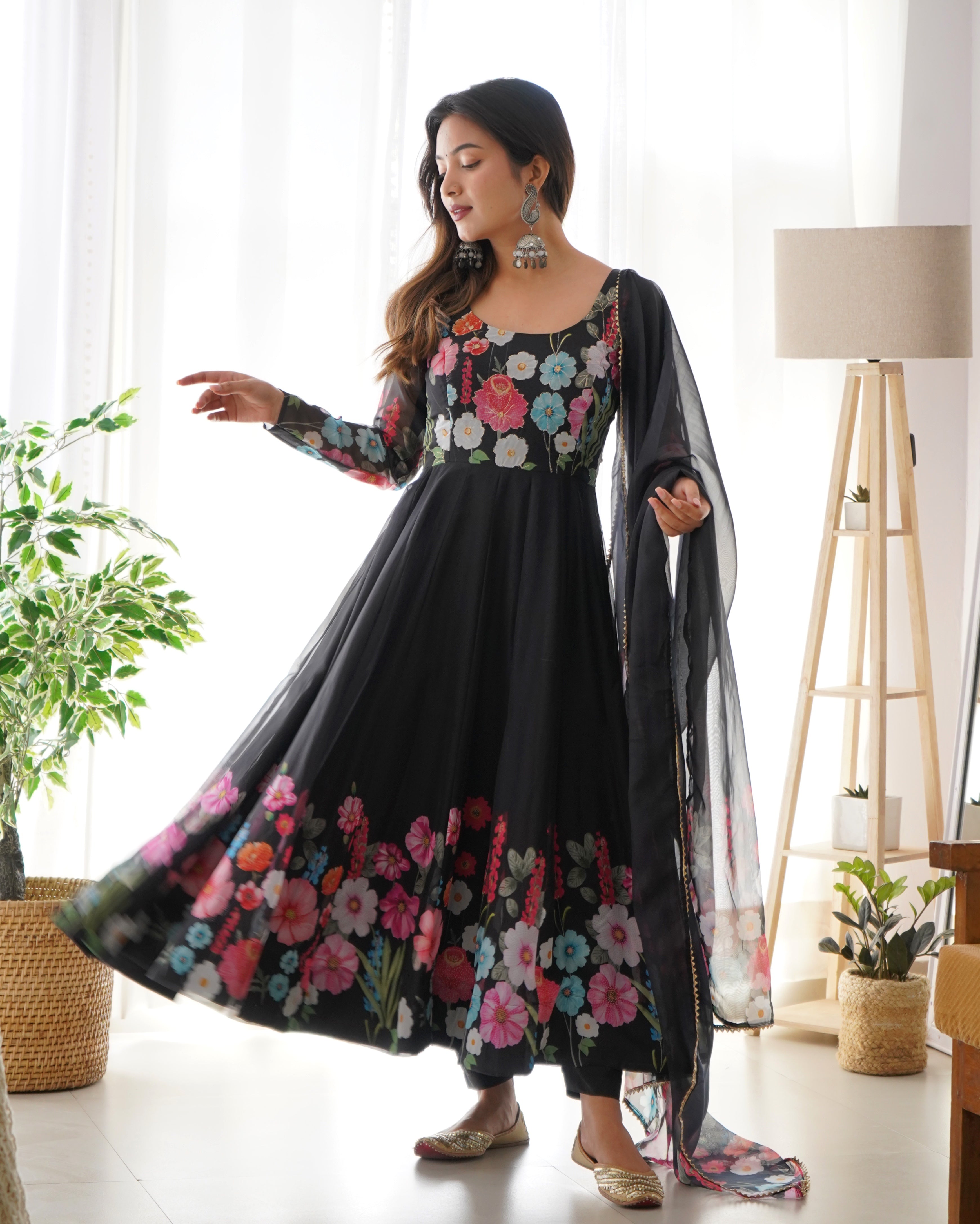 Lorenvalley Fashion Black Soft Organza Silk With Floral Print Fully Flared Anarkali Pant With Dupatta Set - Black - Distacart