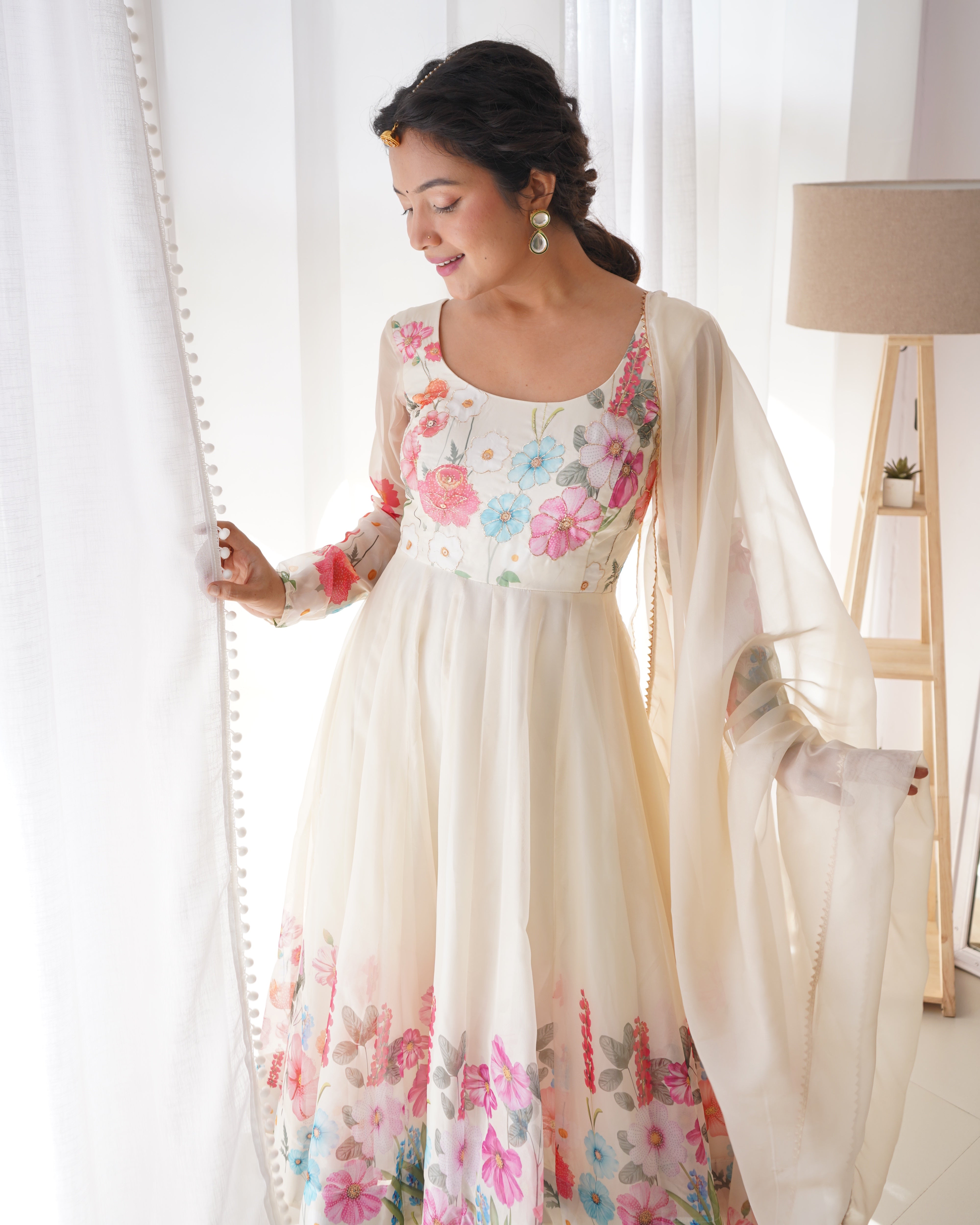 Lorenvalley Fashion Cream Soft Organza Silk With Floral Print Fully Flared Anarkali Pant With Dupatta Set - Cream - Distacart