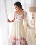 Thumbnail for Lorenvalley Fashion Cream Soft Organza Silk With Floral Print Fully Flared Anarkali Pant With Dupatta Set - Cream - Distacart