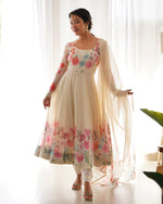 Thumbnail for Lorenvalley Fashion Cream Soft Organza Silk With Floral Print Fully Flared Anarkali Pant With Dupatta Set - Cream - Distacart