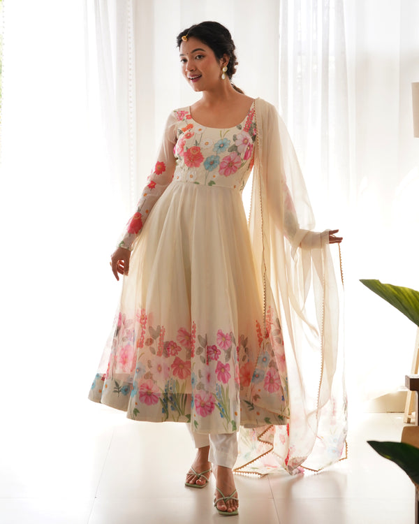 Lorenvalley Fashion Cream Soft Organza Silk With Floral Print Fully Flared Anarkali Pant With Dupatta Set - Cream - Distacart