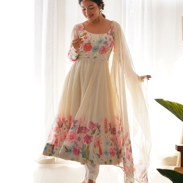 Lorenvalley Fashion Cream Soft Organza Silk With Floral Print Fully Flared Anarkali Pant With Dupatta Set - Cream - Distacart