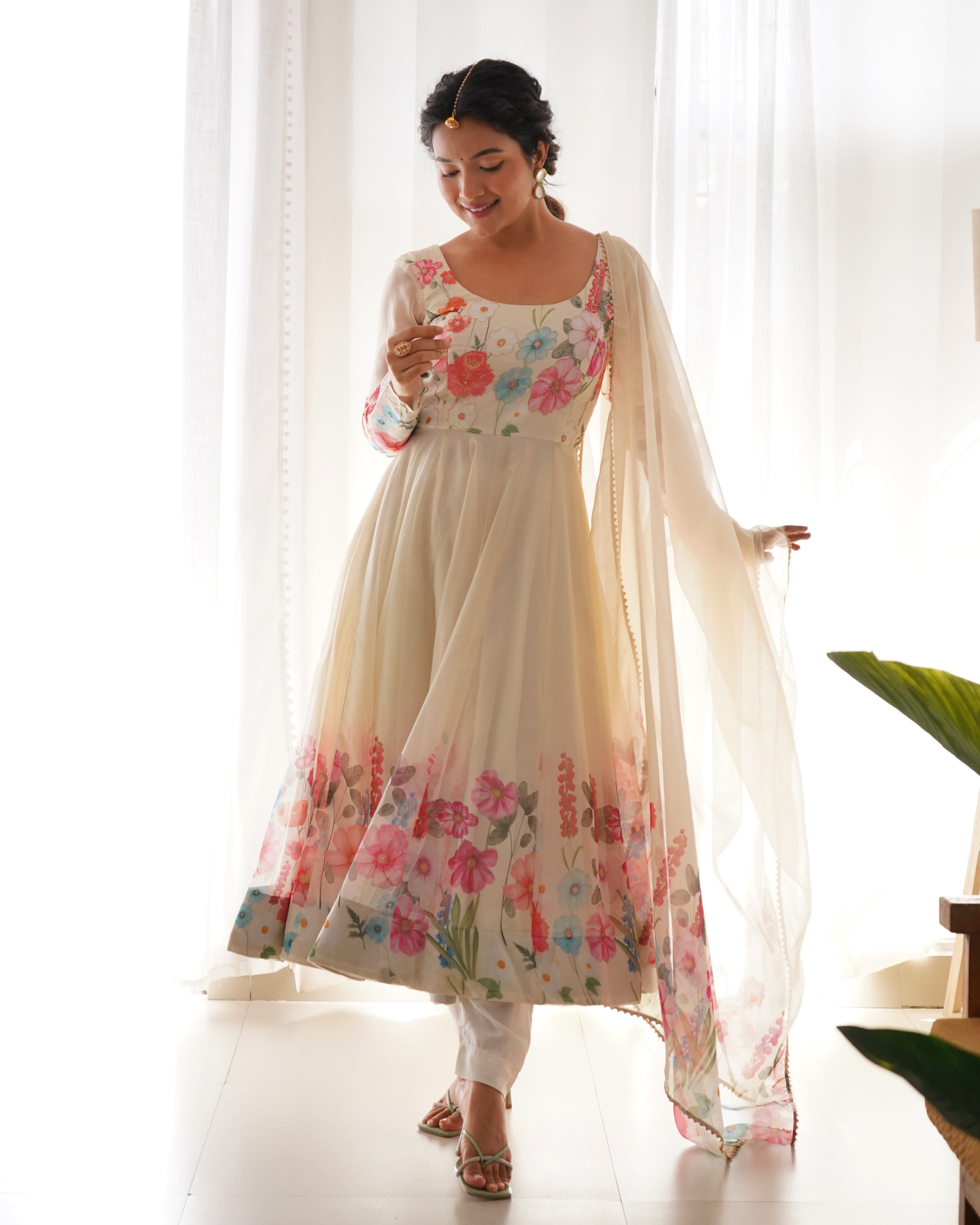 Lorenvalley Fashion Cream Soft Organza Silk With Floral Print Fully Flared Anarkali Pant With Dupatta Set - Cream - Distacart