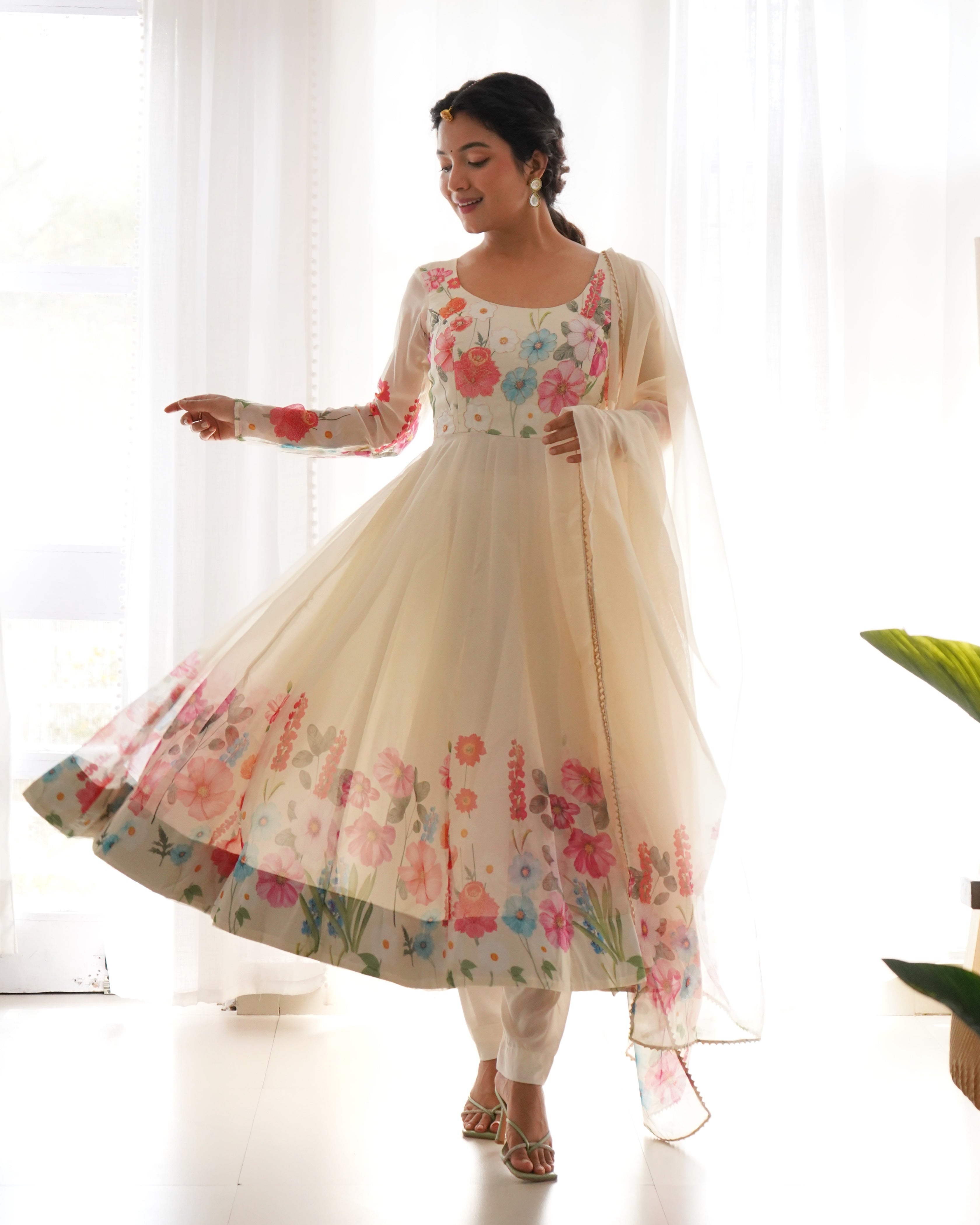 Lorenvalley Fashion Cream Soft Organza Silk With Floral Print Fully Flared Anarkali Pant With Dupatta Set - Cream - Distacart