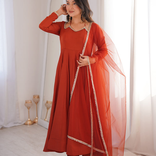 Evanik Women Rust Ethnic Anarkali Kurta Set for Festive & Wedding Wear - Distacart